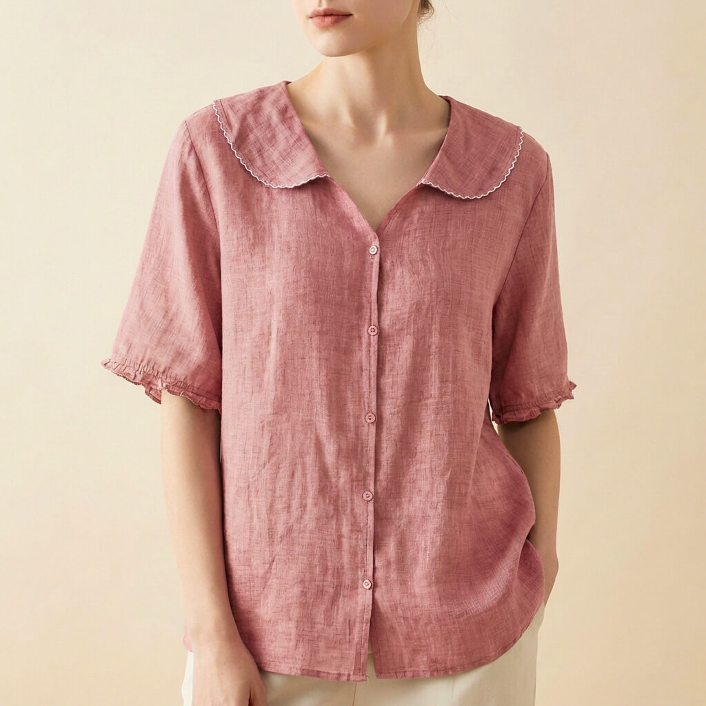 Blouse Boutonnée en Lin pour Femme – Col Claudine Coupe Décontractée