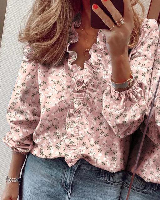 Blouse Femme à Volants – Col V Léger à Manches Longues