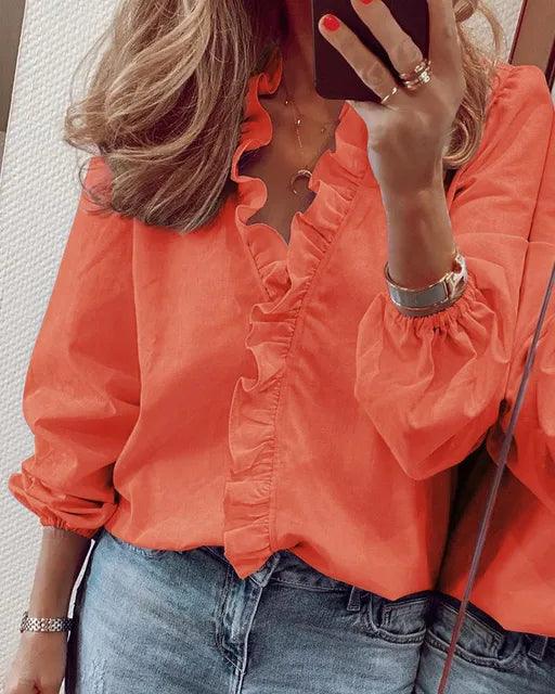 Blouse Femme à Volants – Col V Léger à Manches Longues