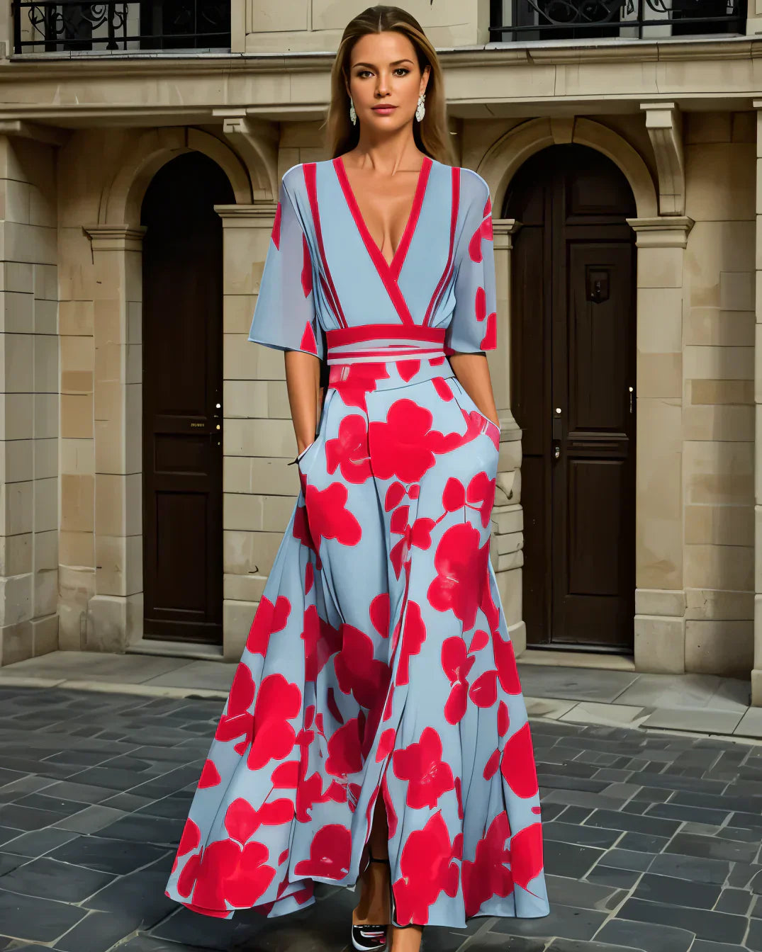 Women's A-line maxi dress with floral print – V-neck, fitted waist