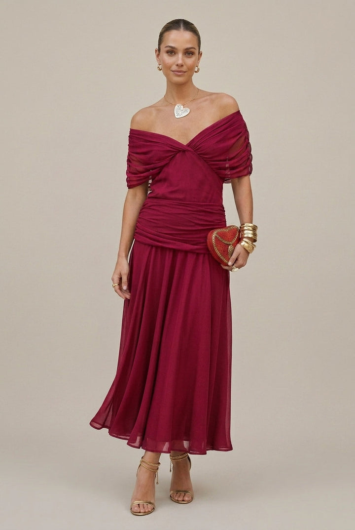 Maxikleid aus Chiffon für Damen – schulterfrei, geraffter Bund, fließender Schnitt