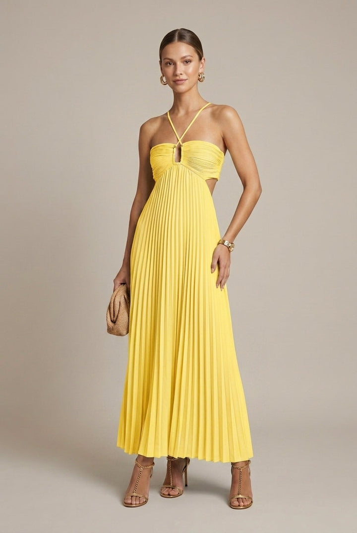 Women's Pleated Halter-Neck Maxi Dress – Cut-Out Knot Back