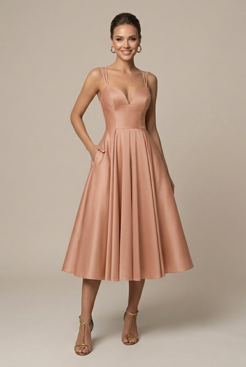 Damen-Midi-Kleid im A-Linien-Schnitt – V-Ausschnitt, doppelte Träger, ausgestellter Rock