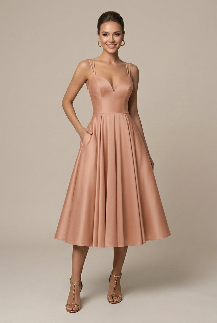 Damen-Midi-Kleid im A-Linien-Schnitt – V-Ausschnitt, doppelte Träger, ausgestellter Rock