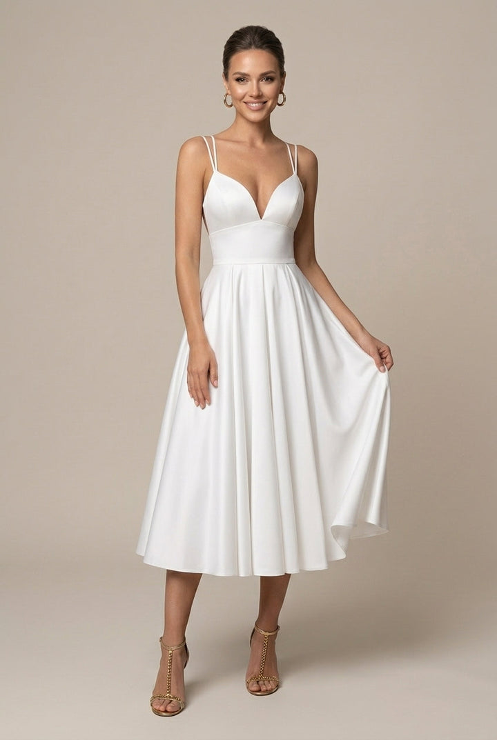 Damen-Midi-Kleid im A-Linien-Schnitt – V-Ausschnitt, doppelte Träger, ausgestellter Rock