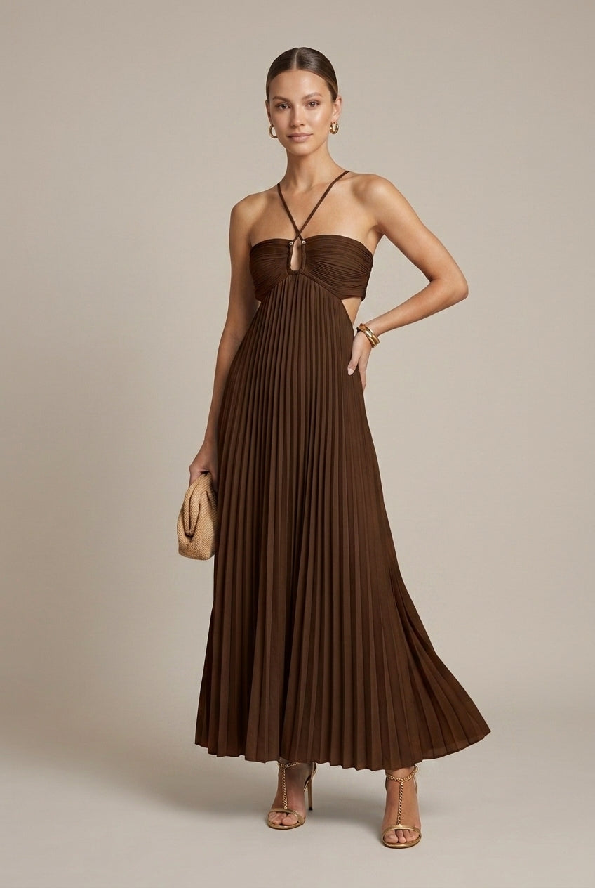 Women's Pleated Halter-Neck Maxi Dress – Cut-Out Knot Back