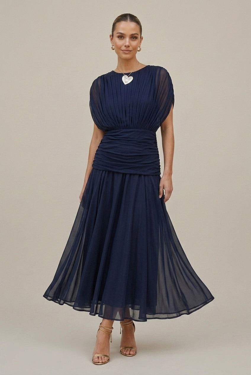 Maxikleid aus Chiffon für Damen – schulterfrei, geraffter Bund, fließender Schnitt