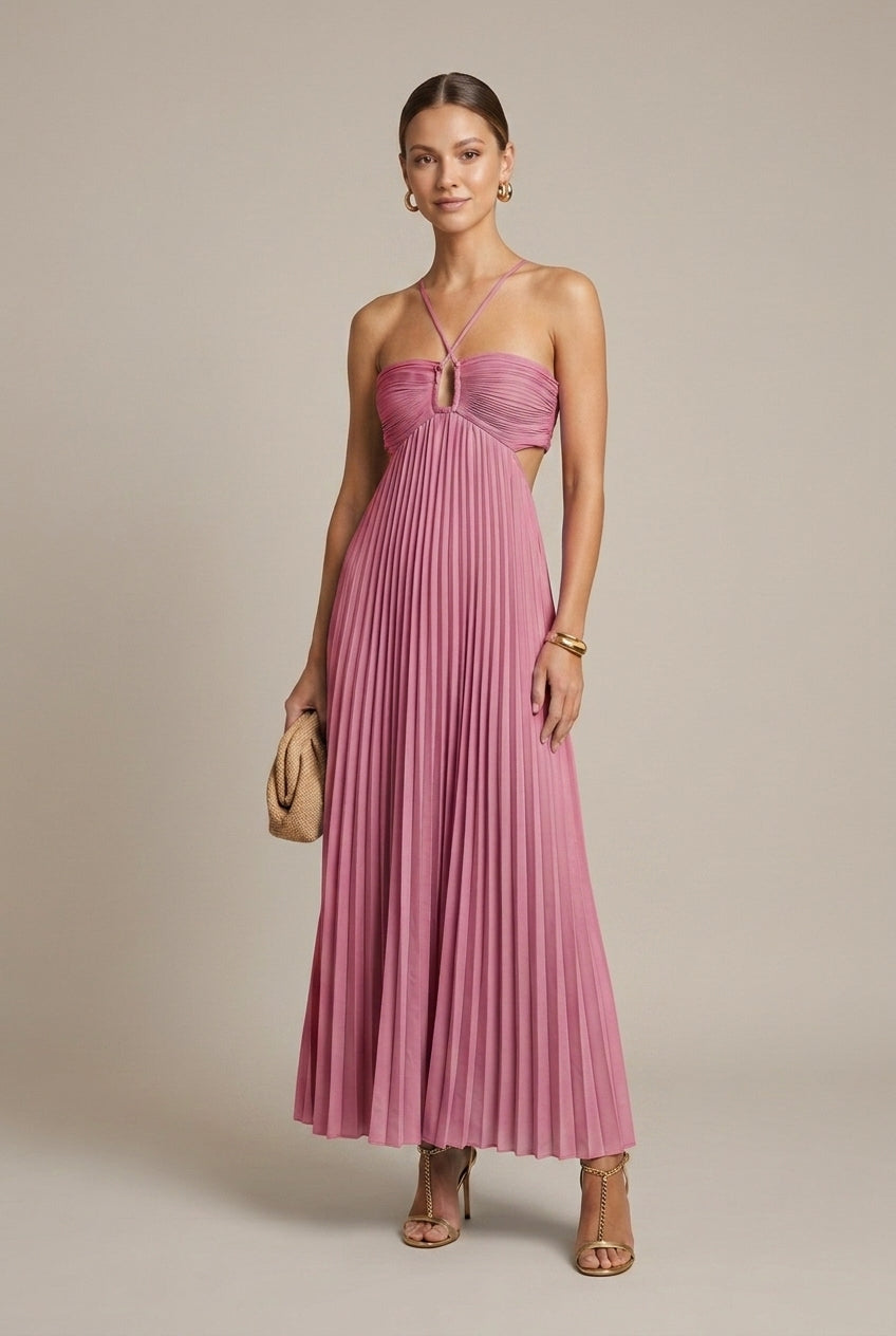 Women's Pleated Halter-Neck Maxi Dress – Cut-Out Knot Back