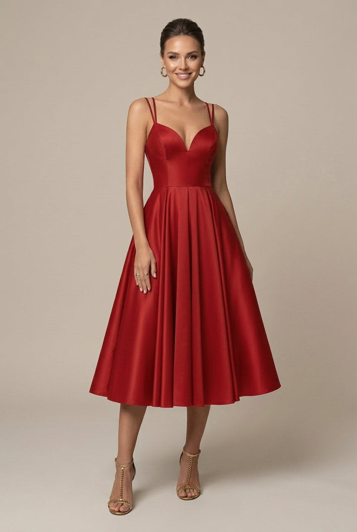 Damen-Midi-Kleid im A-Linien-Schnitt – V-Ausschnitt, doppelte Träger, ausgestellter Rock