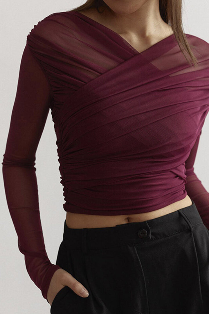 Top Femme en Mesh Froncé – Coupe Sculptante à Manches Longues