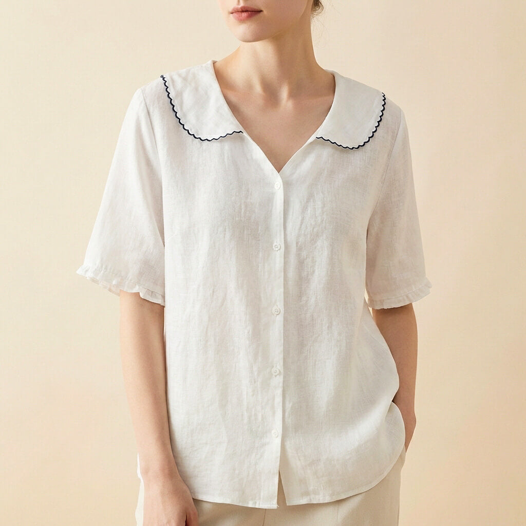 Blouse Femme à Col Claudine en Lin – Coupe Décontractée à Manches Courtes