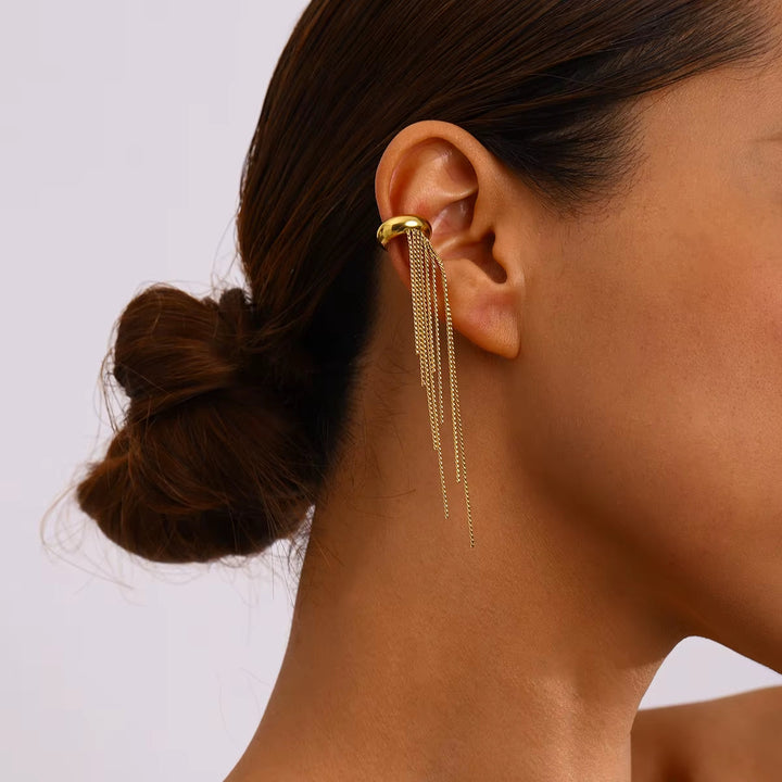Ear cuff femme en acier inoxydable à pampilles – Longue chute statement
